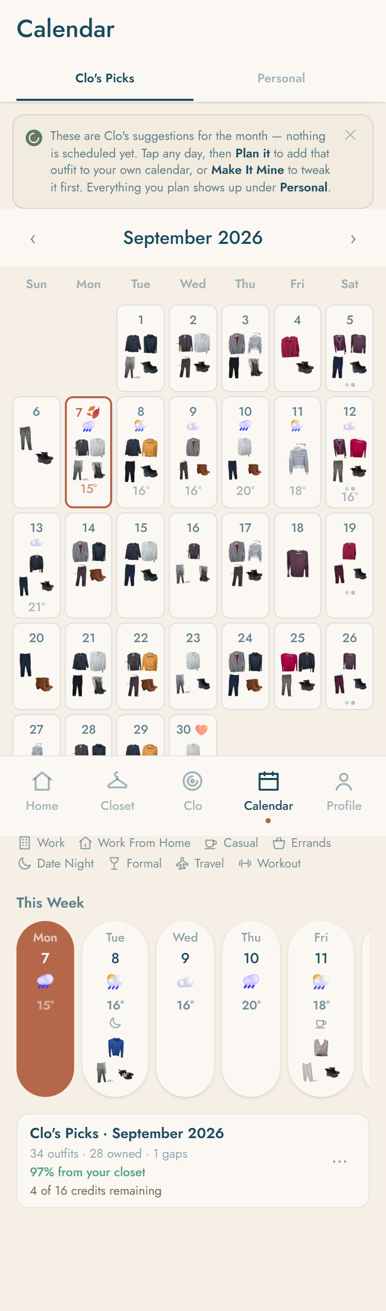 A month of planned outfits on the calendar.
