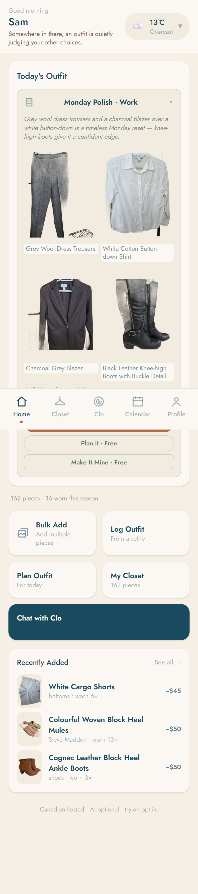 Closet Cue home screen: today's outfit, pulled from your own closet.